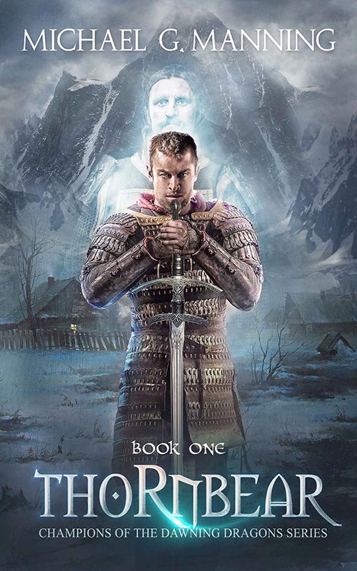 A young warrior stands with hands on the hilt of his sword while the ghost of his father stands behind him.